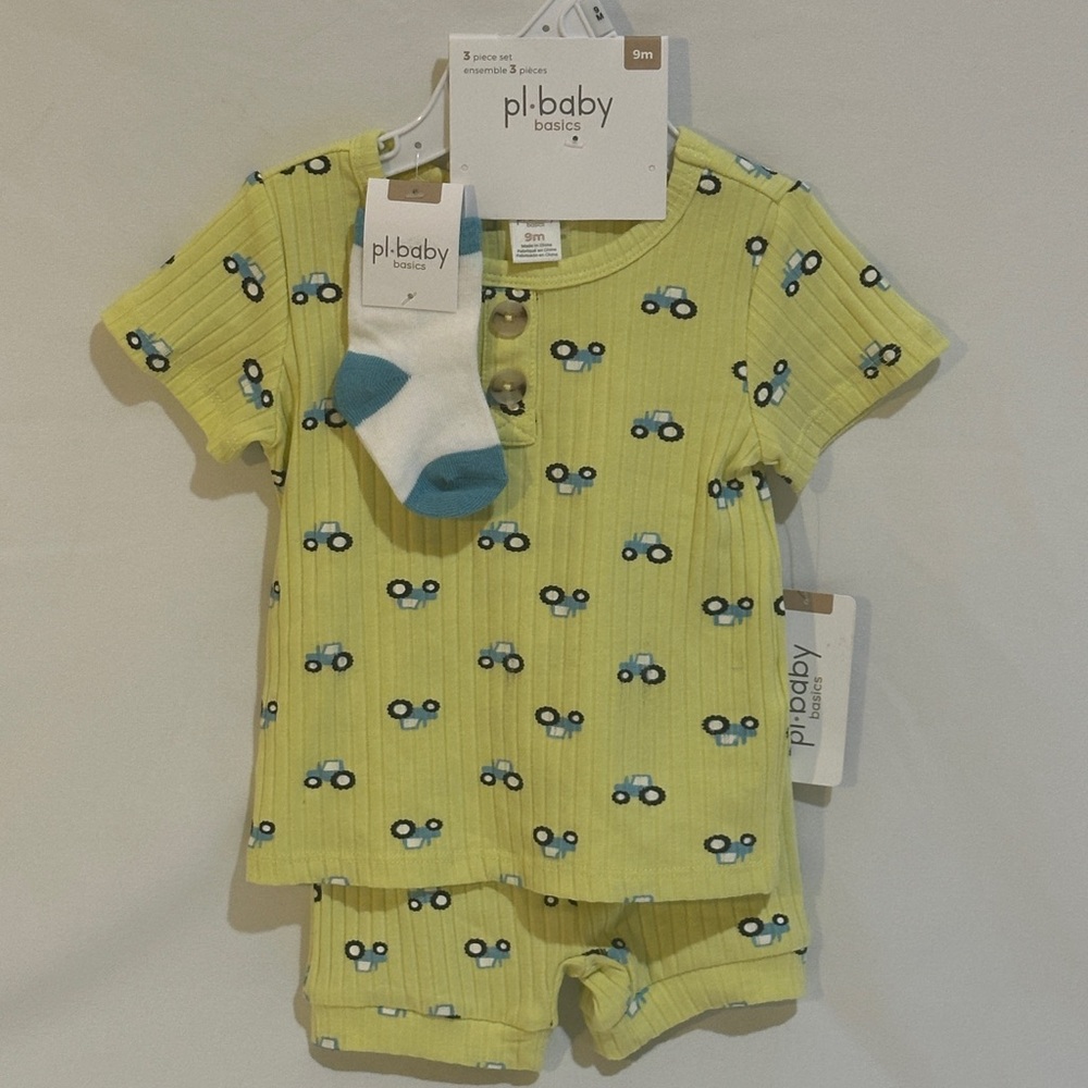 Petit Lem Yellow Baby Outfit with Tractors